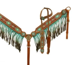 Teal And Fringe Beaded Headstall Set