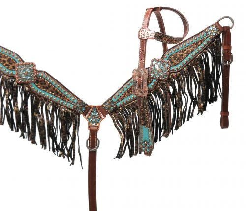 Metallic Leopard Fringe Headstall Set