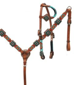 Teal, Gold & Black Beaded Headstall Set
