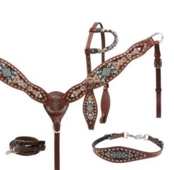 Southwestern Beaded White Buckstitch 4 Piece Headstall Set