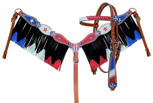 Red, Silver, Blue Glitter Fringe Headstall Set