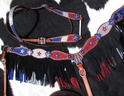 Red, Silver, Blue Glitter Fringe Headstall Set - Image 2