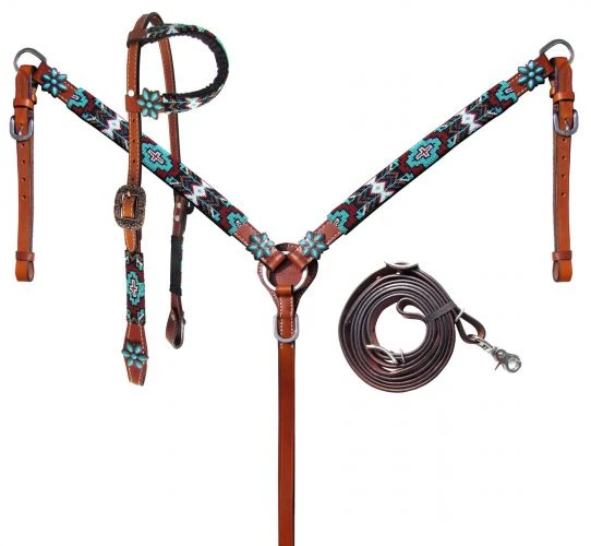 Turquoise & Burgundy Beaded Headstall Set