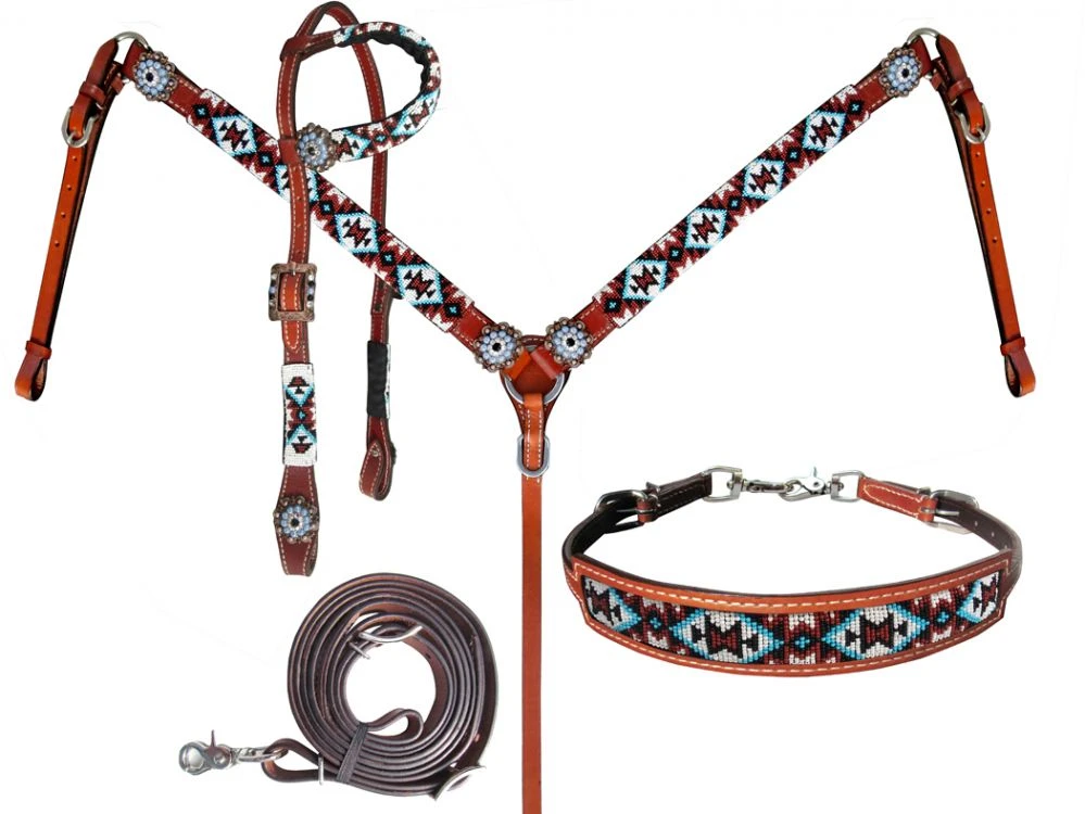 Medium Leather Beaded Southwest 4 Piece Headstall Set