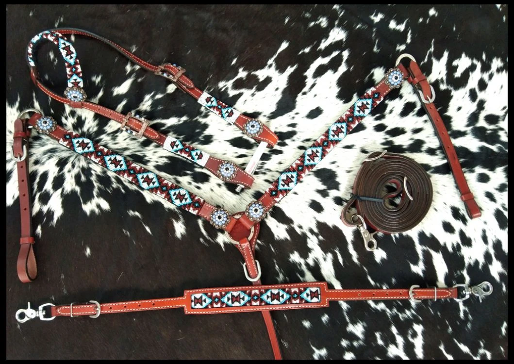 Medium Leather Beaded Southwest 4 Piece Headstall Set - Image 2
