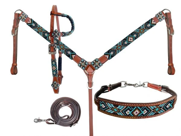 Turquoise Southwest Beaded 4 Piece Headstall Set