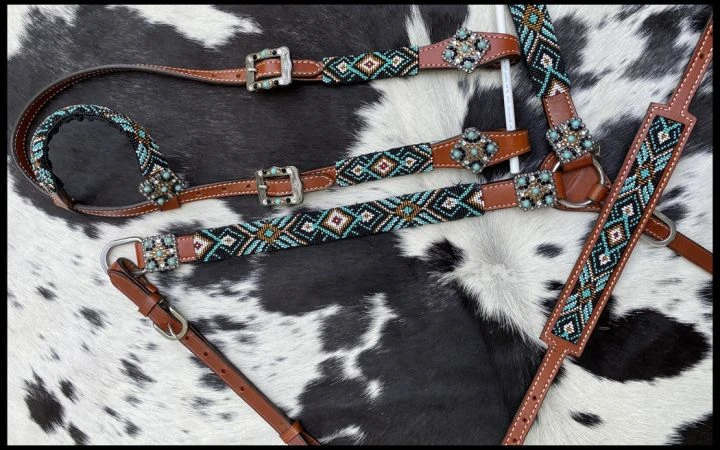 Turquoise Southwest Beaded 4 Piece Headstall Set - Image 2