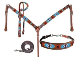 Southwest Blue Beaded 4 Piece Headstall Set