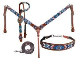 Southwest Beaded Blue & Red 4 Piece Headstall Set