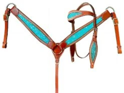 Teal Acid Wash Cowhide Headstall Set