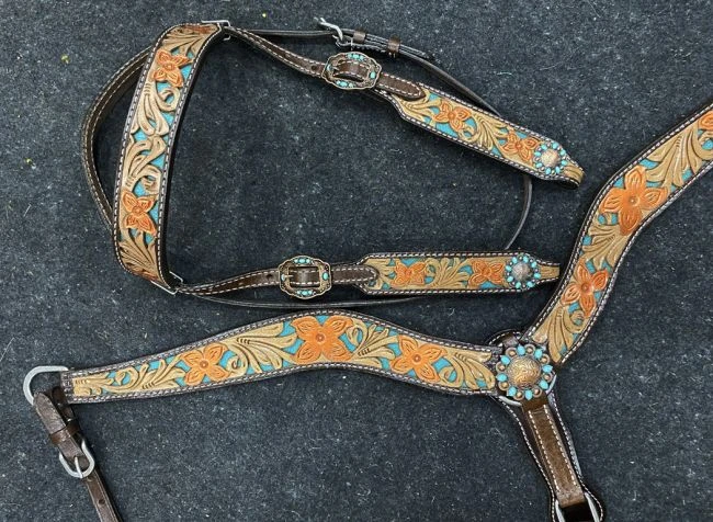 Floral Teal Underlay Headstall Set - Image 2