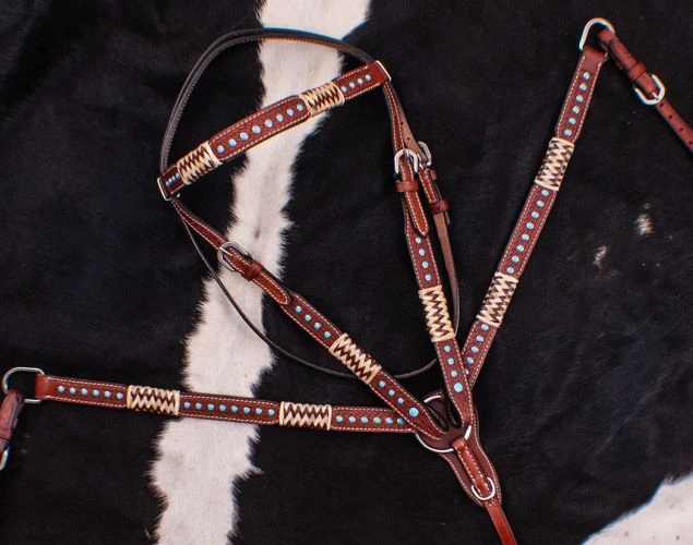 Rawhide & Turquoise Stone Headstall Set - Image 2