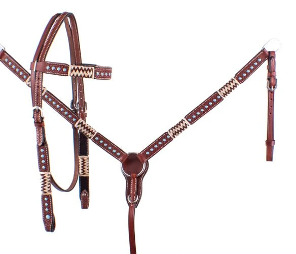 Rawhide & Turquoise Stone Headstall Set