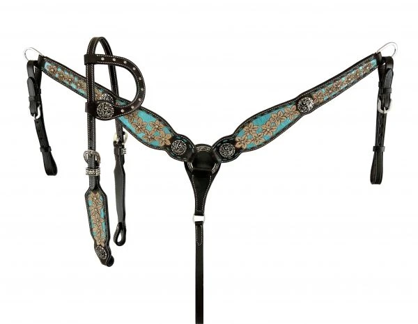 Tooled Floral Blue Glitter Inlay Headstall Set