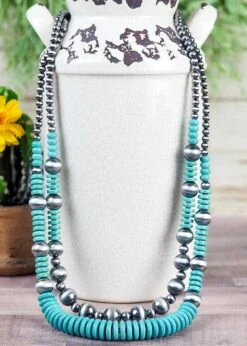 Two Strand Pearls & Turquoise Colored Beaded Necklace