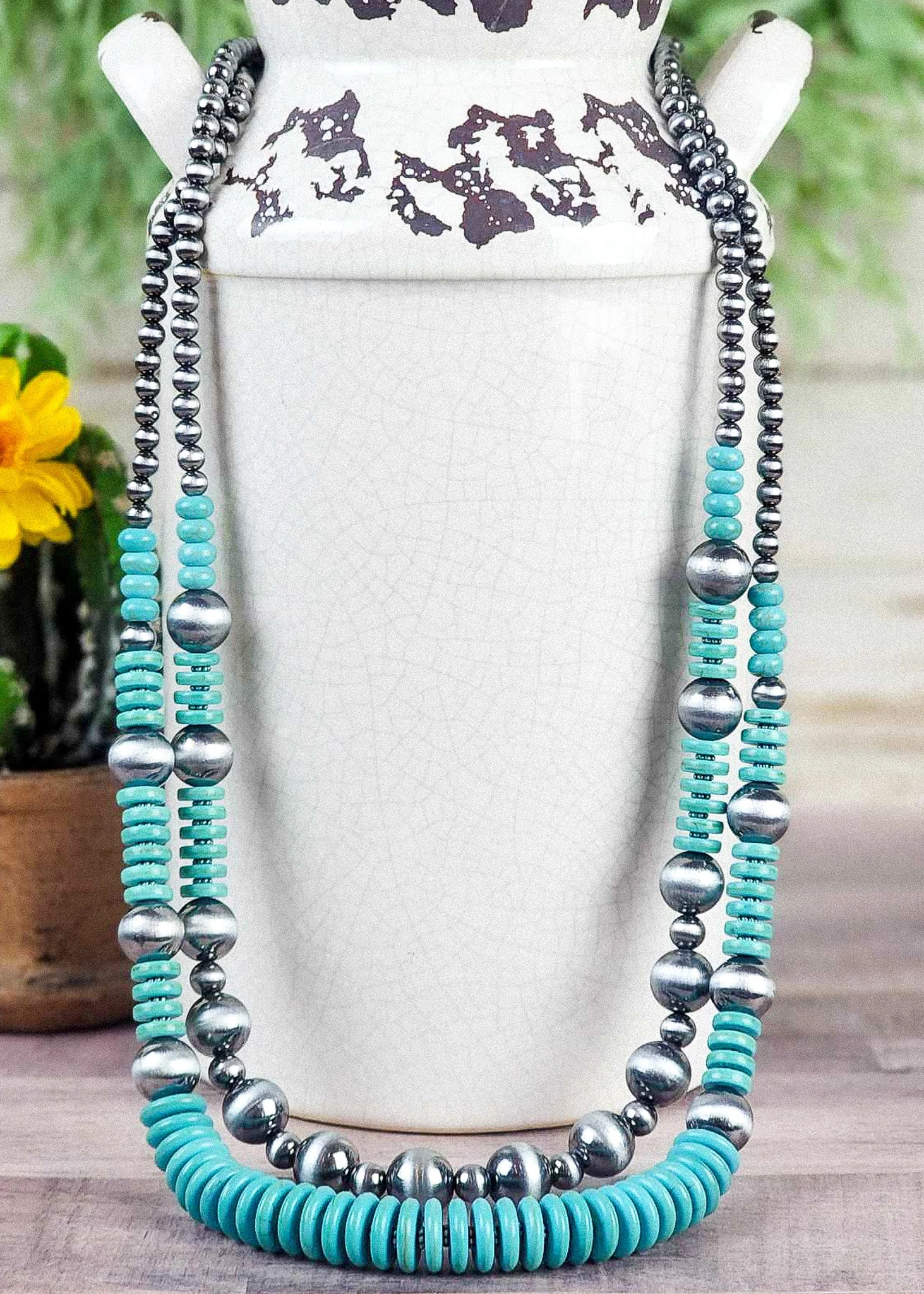 Two Strand Pearls & Turquoise Colored Beaded Necklace