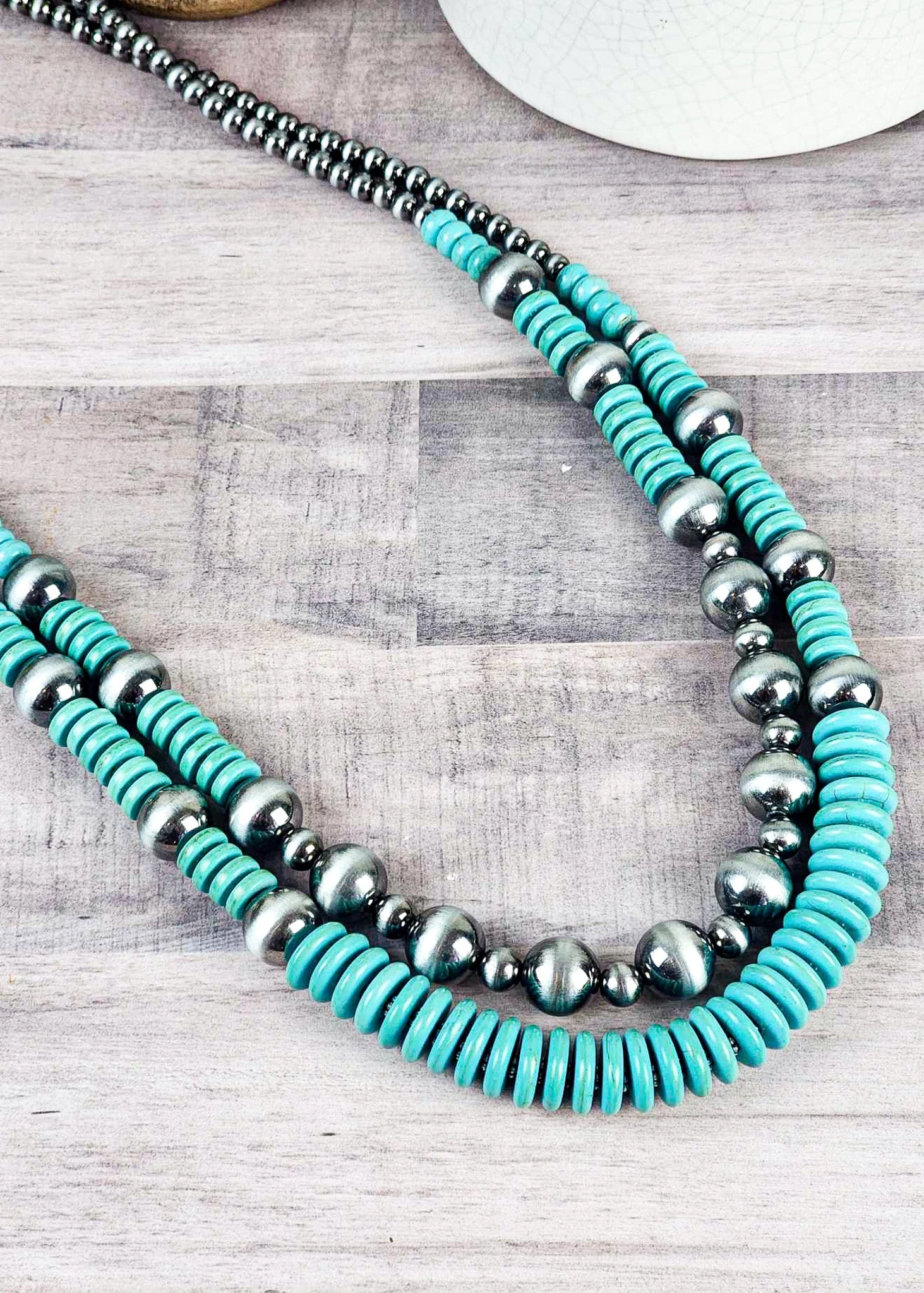 Two Strand Pearls & Turquoise Colored Beaded Necklace - Image 2