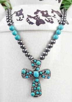 Turquoise Colored Stone Cross Necklace