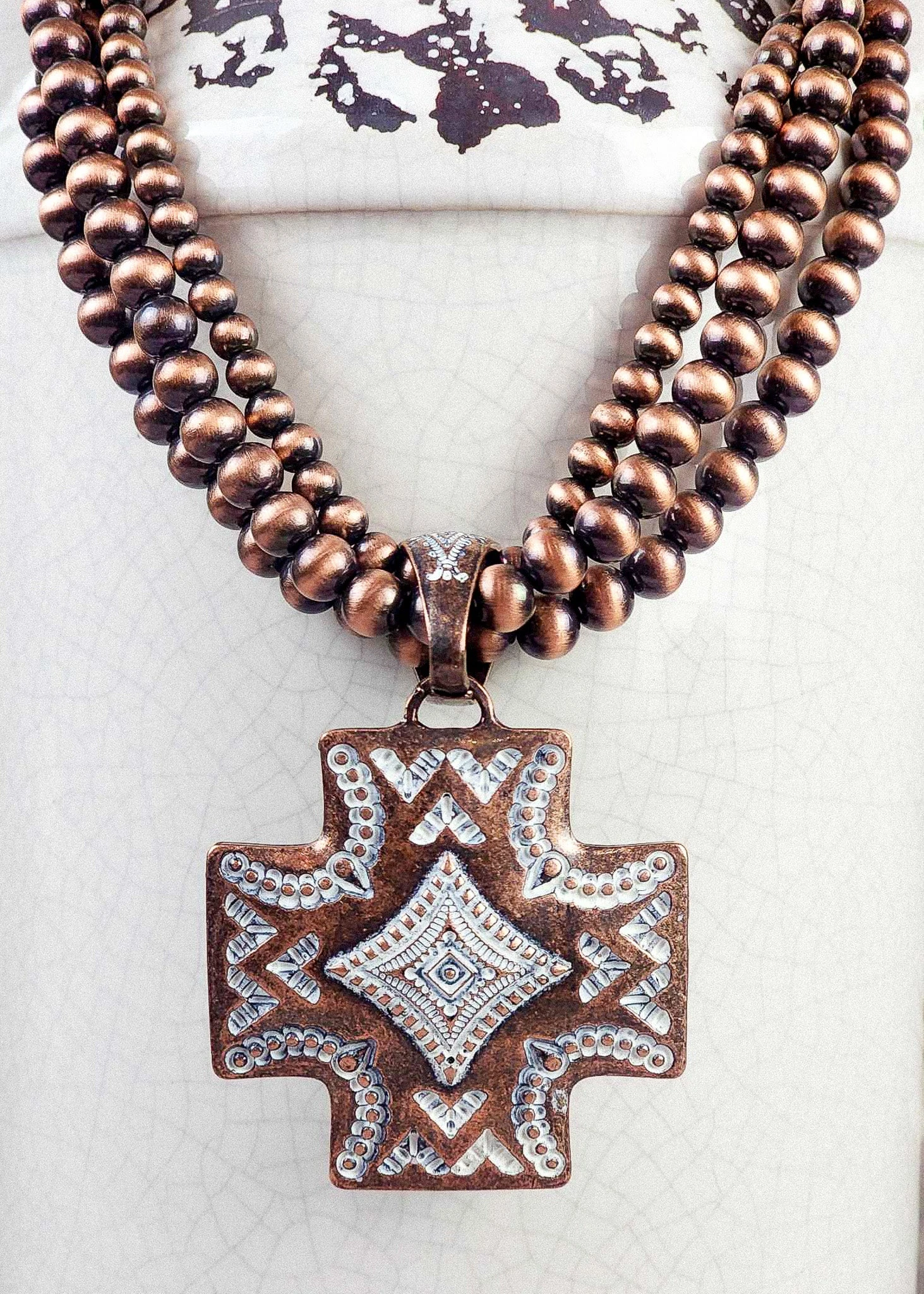 Copper Cross & 3 String Beads Necklace