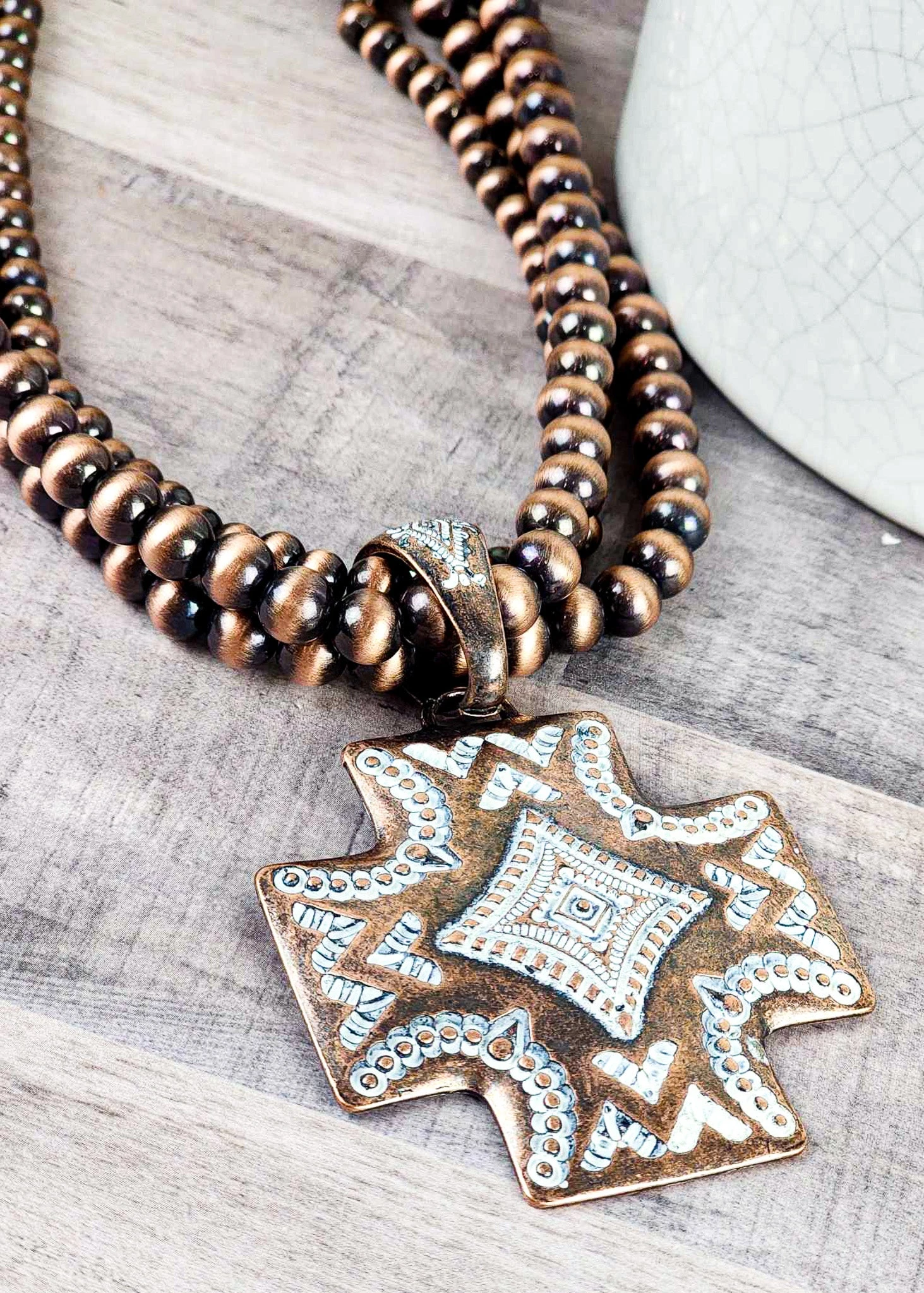 Copper Cross & 3 String Beads Necklace - Image 2