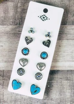 Set Of 6 Antique Silver Stud Heart Earrings [2 Colors]