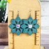 Antique Silver Teal Inlay Sunflower Earrings