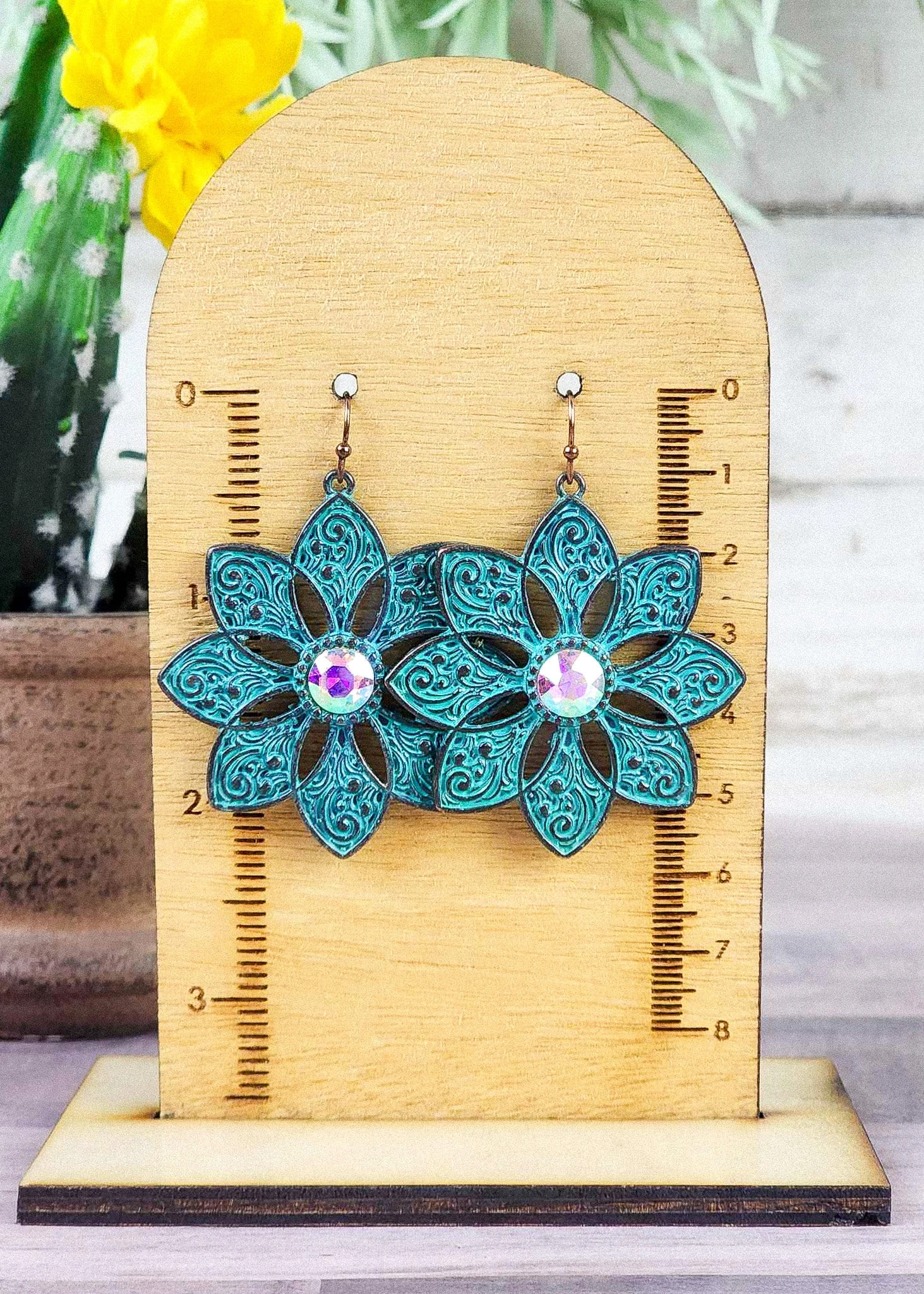 Antique Silver Teal Inlay Sunflower Earrings