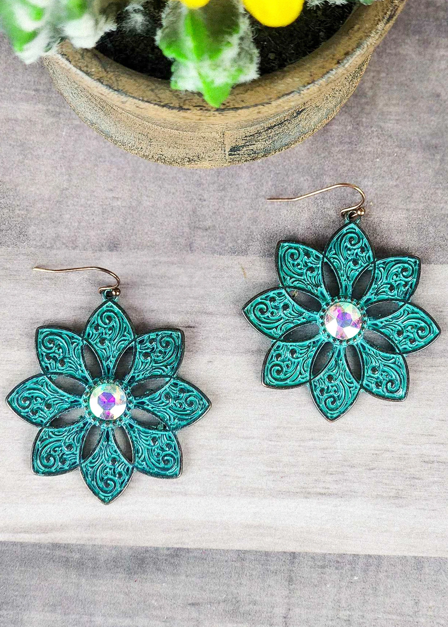 Antique Silver Teal Inlay Sunflower Earrings - Image 3
