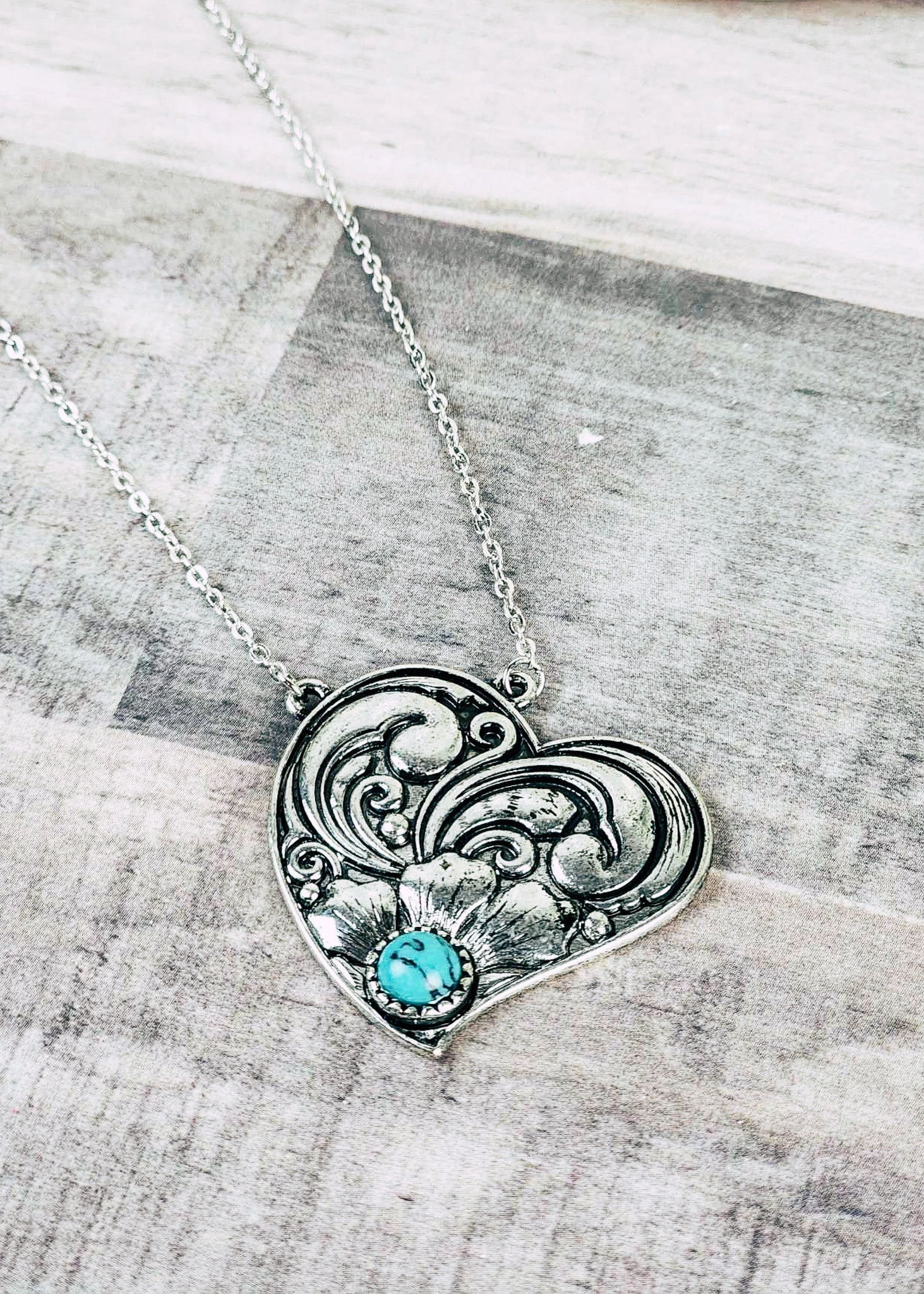 Antique Silver Turquoise Stone Heart Necklace