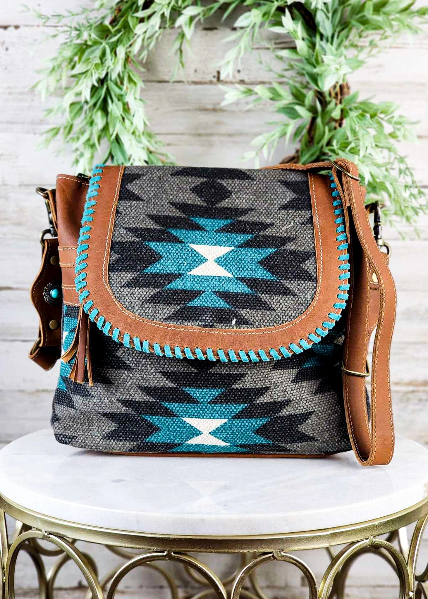 Gray & Turquoise Aztec Shoulder Handbag - Image 2