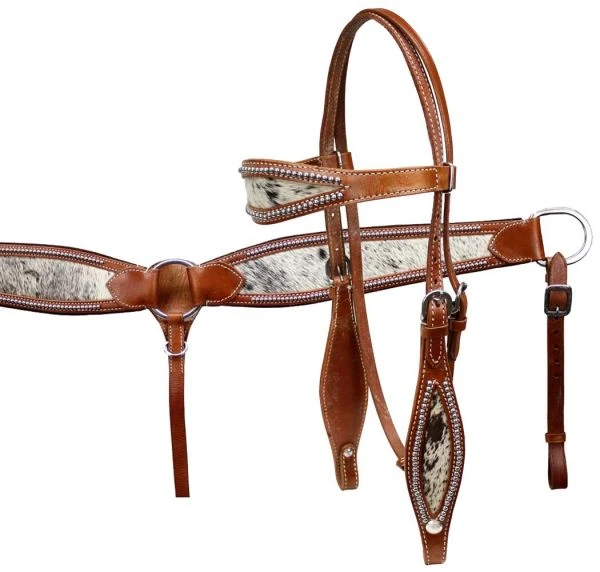 Double Stitch Hair On Cowhide Headstall Set