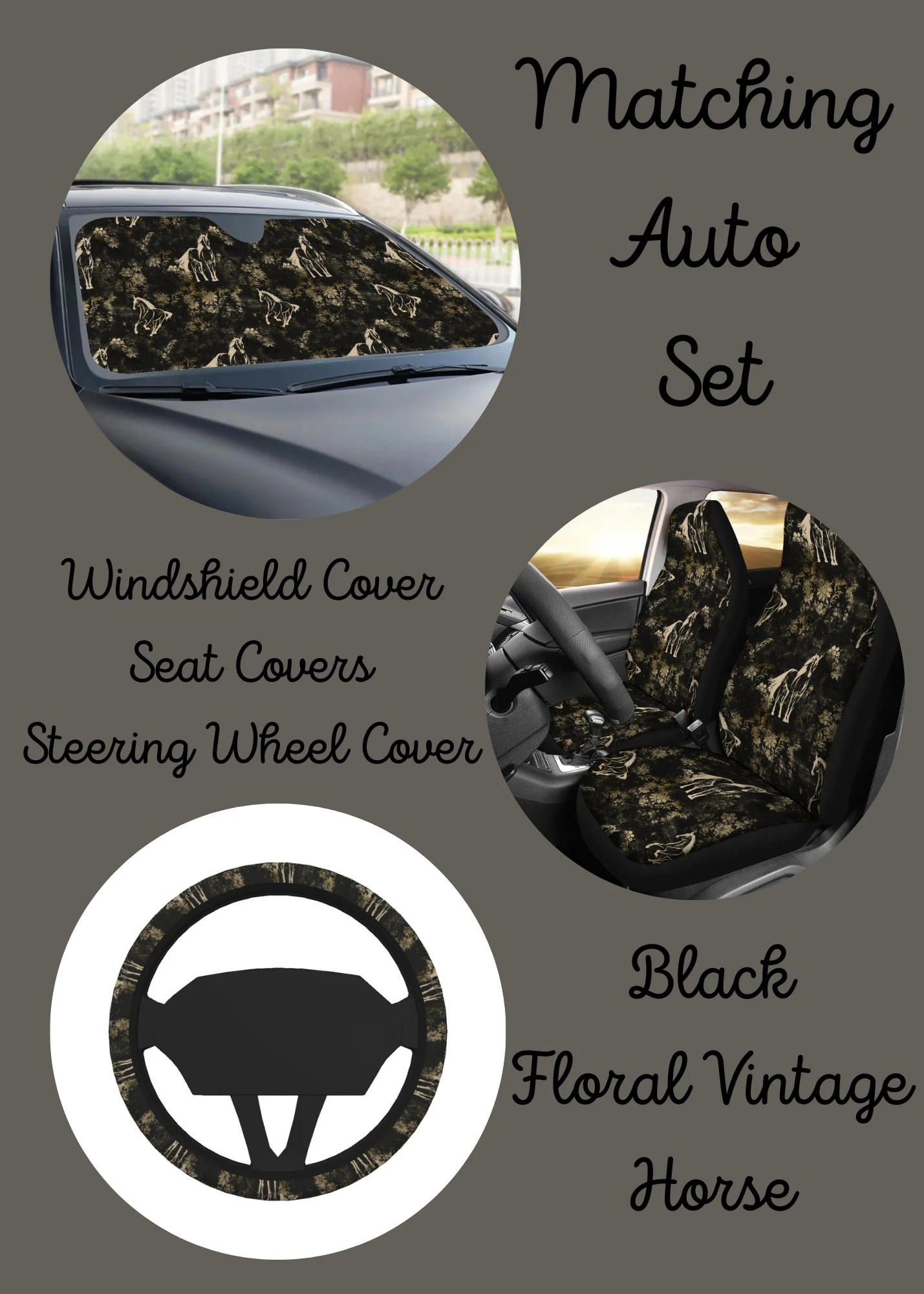 Black Vintage Floral Horse 3 Piece Auto Set