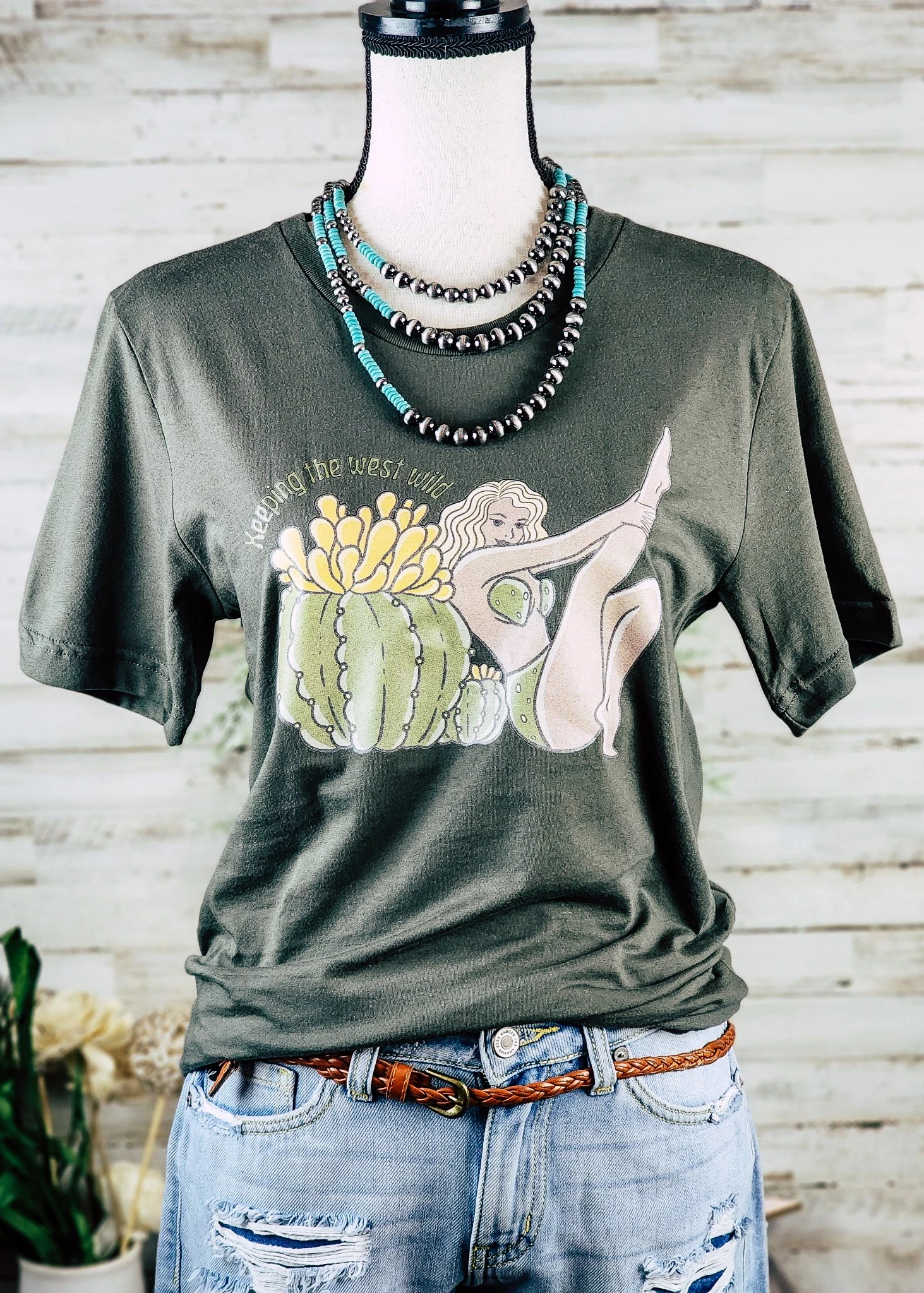 Army Green Keeping The West Wild Short Sleeve Graphic Tee - Image 2