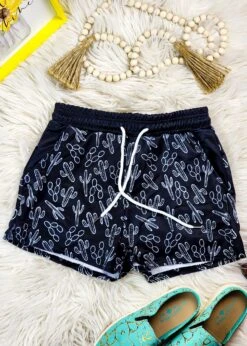 Black Cactus Drawstring Shorts
