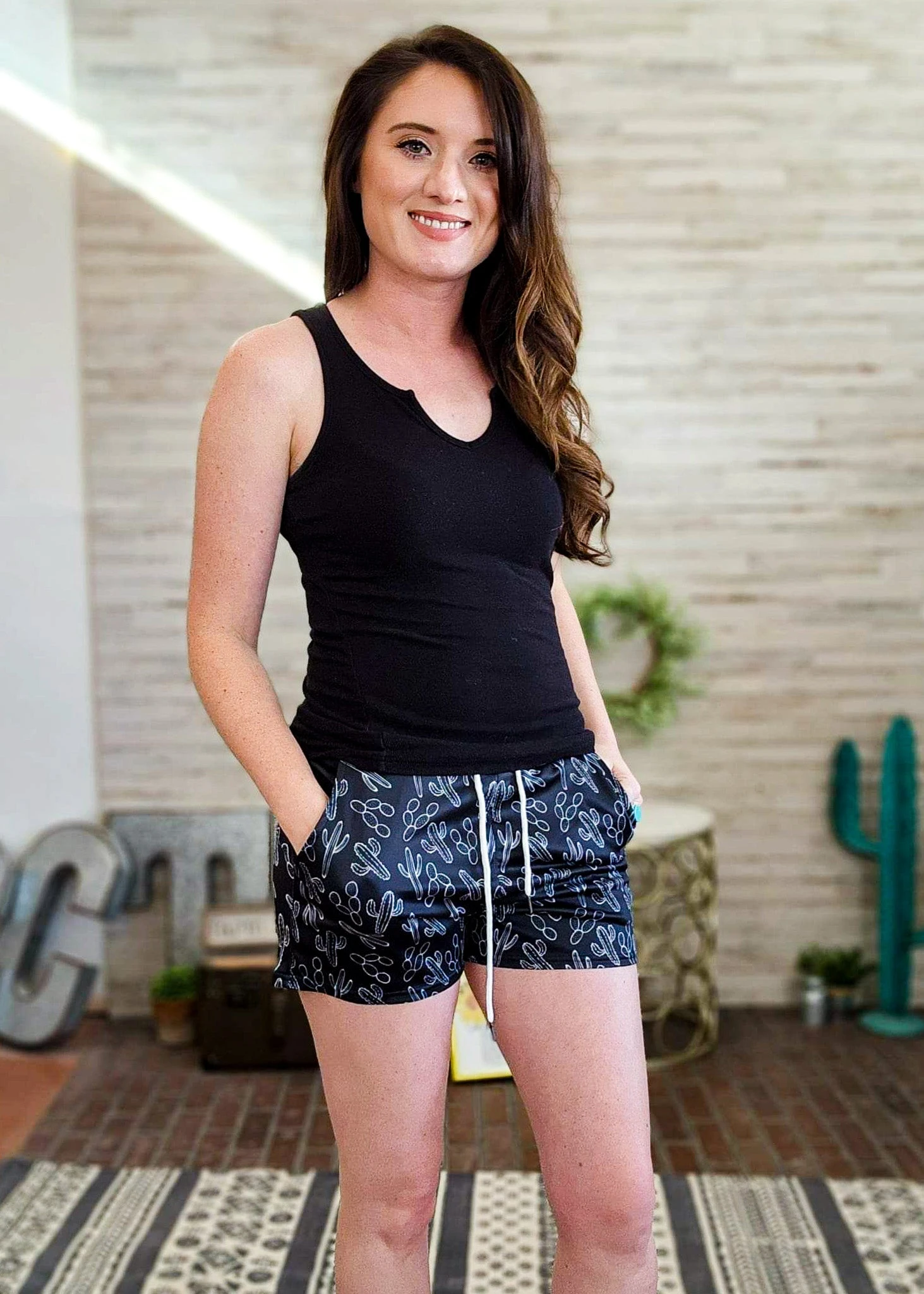 Black Cactus Drawstring Shorts - Image 2