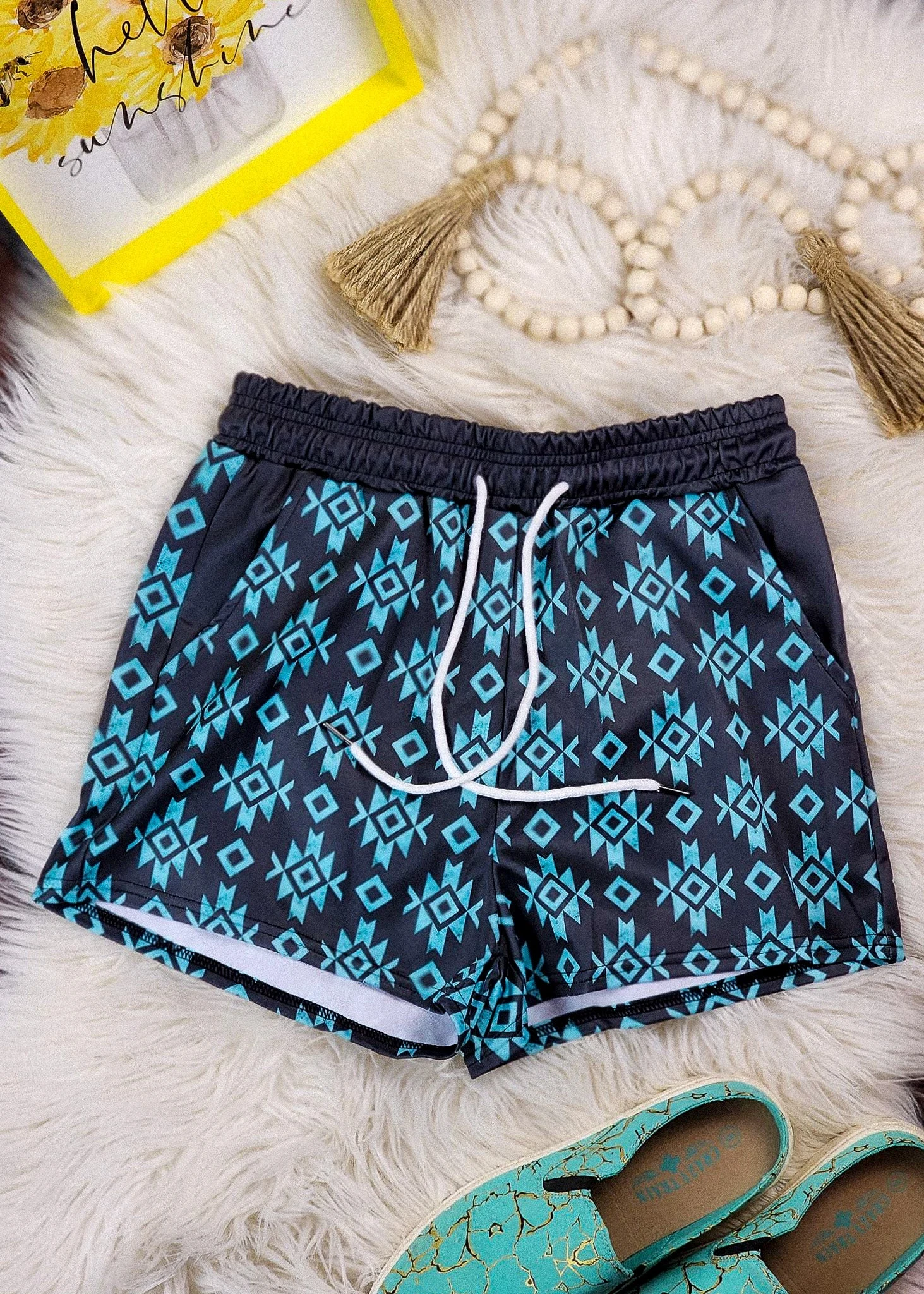 Black & Turquoise Aztec Drawstring Shorts