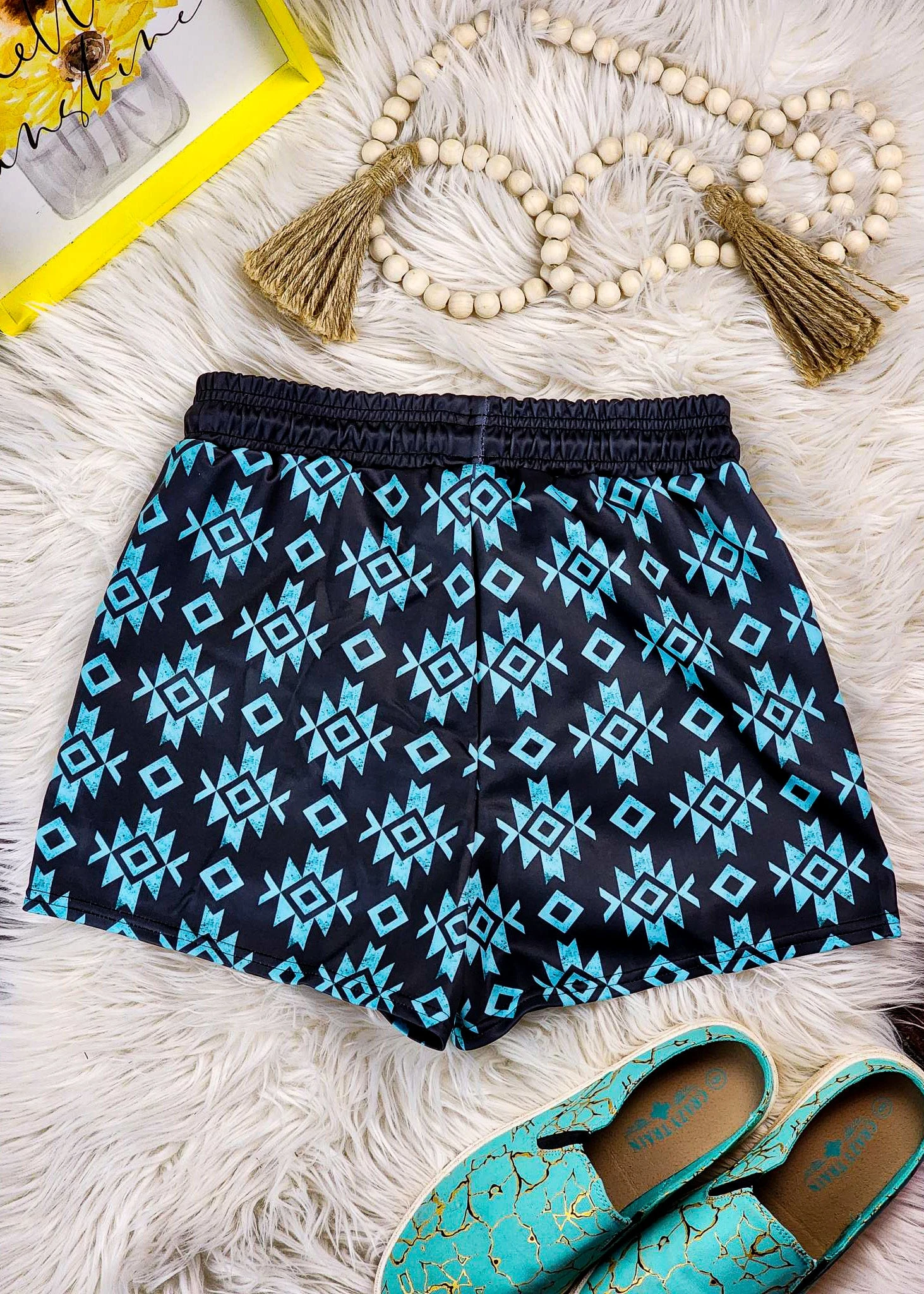Black & Turquoise Aztec Drawstring Shorts - Image 3