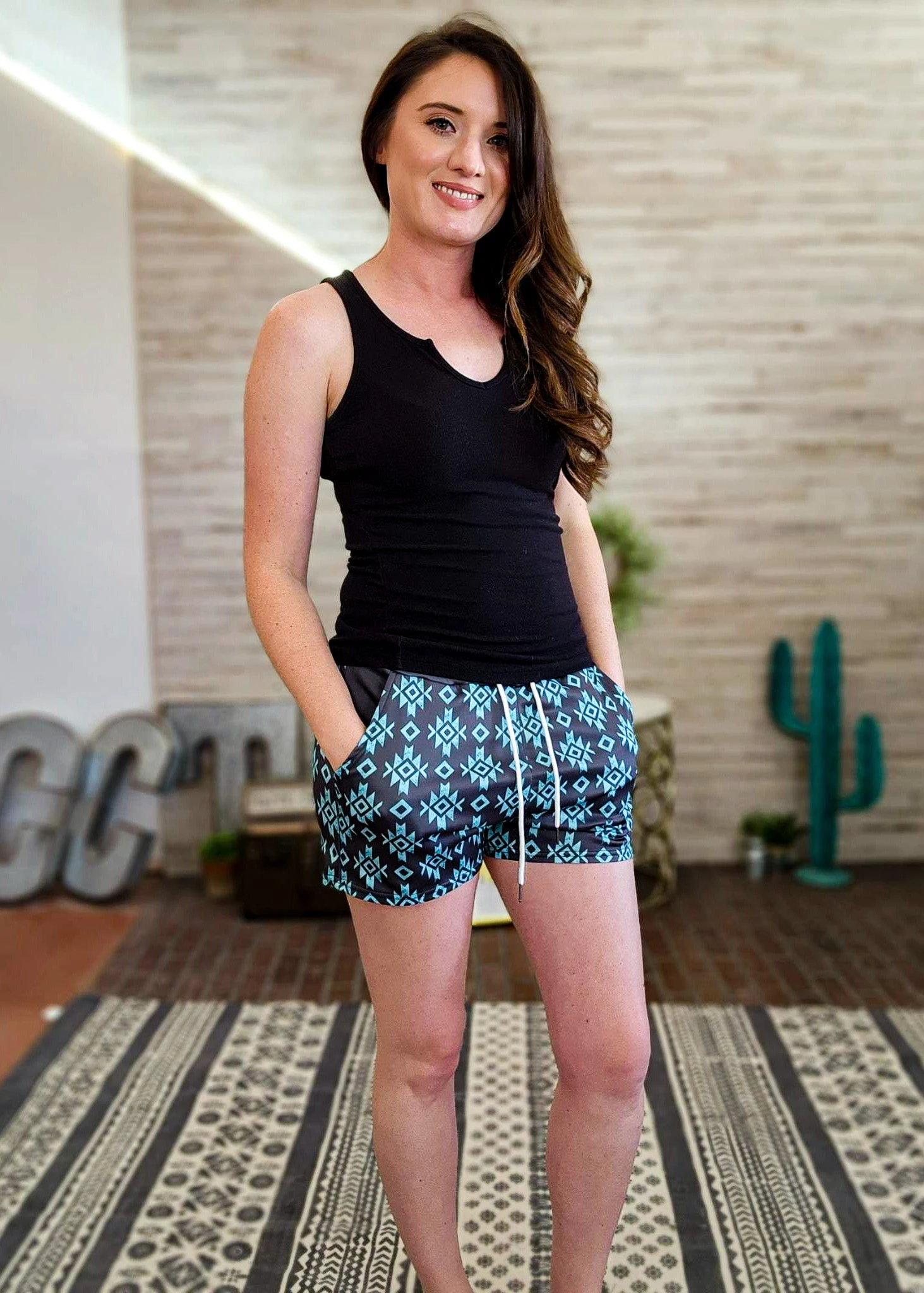 Black & Turquoise Aztec Drawstring Shorts - Image 2