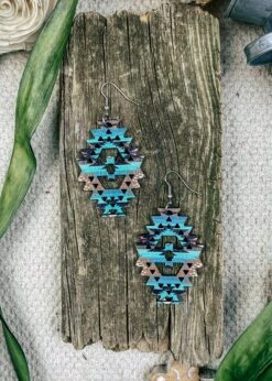 Blue Hues Aztec Wood Earrings