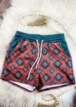 Brown Rust & Green Aztec Drawstring Shorts