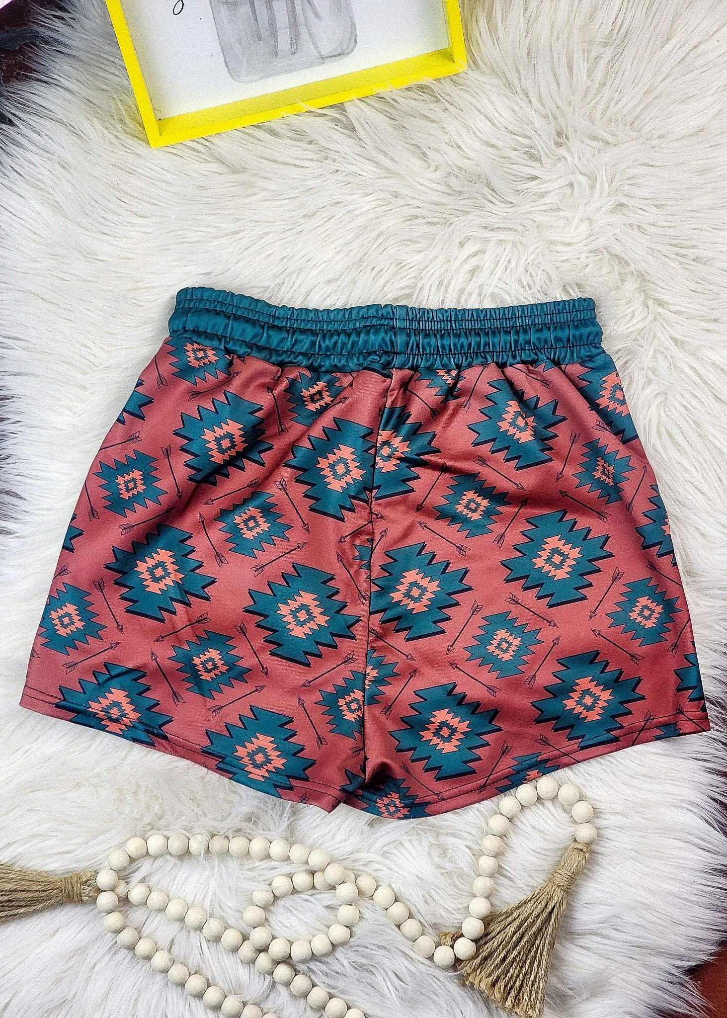 Brown Rust & Green Aztec Drawstring Shorts - Image 2