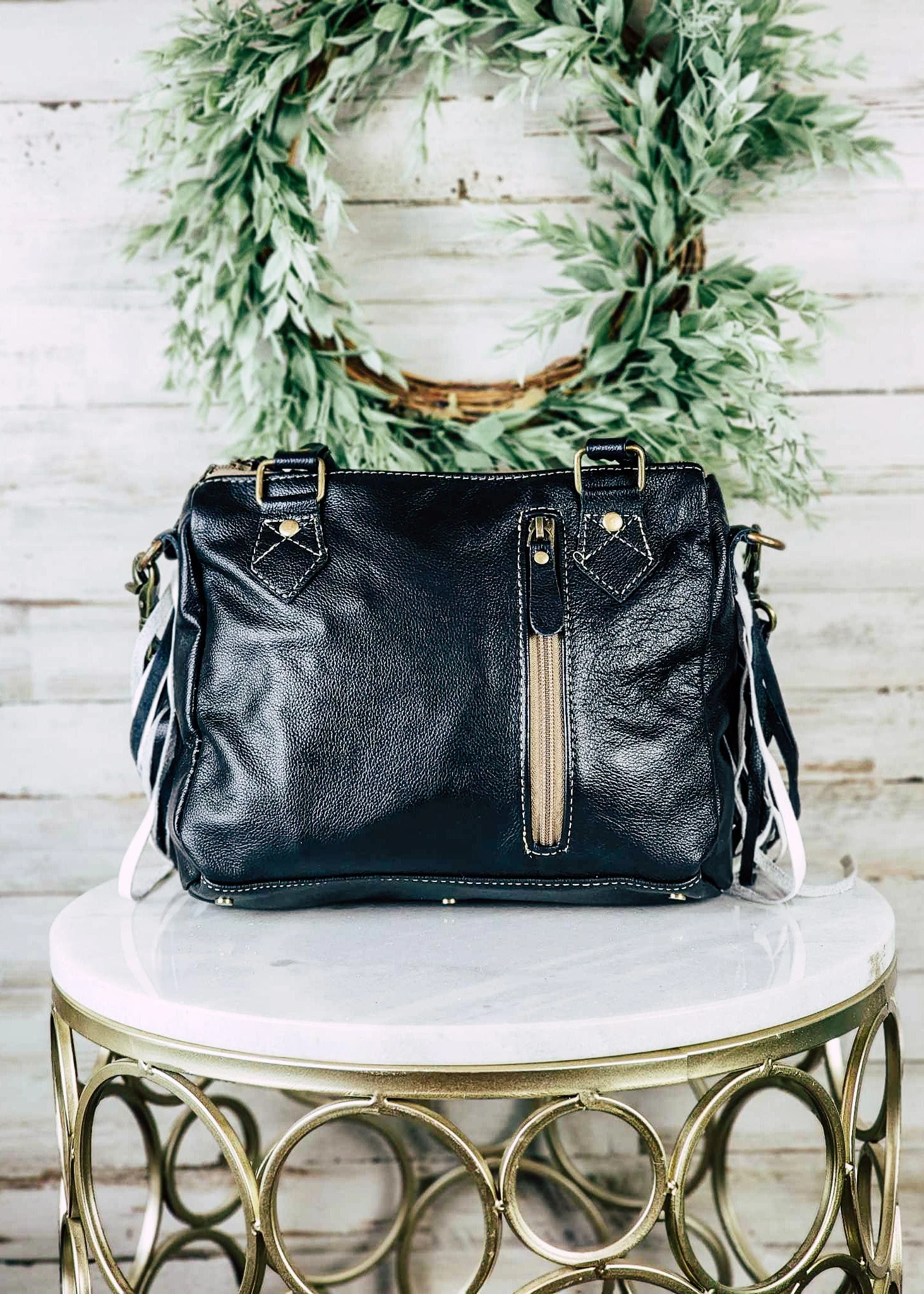 Concealed Carry Black & White Fringe Cowhide Crossbody Handbag - Image 4