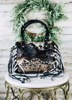Concealed Carry Black & White Fringe Cowhide Crossbody Handbag