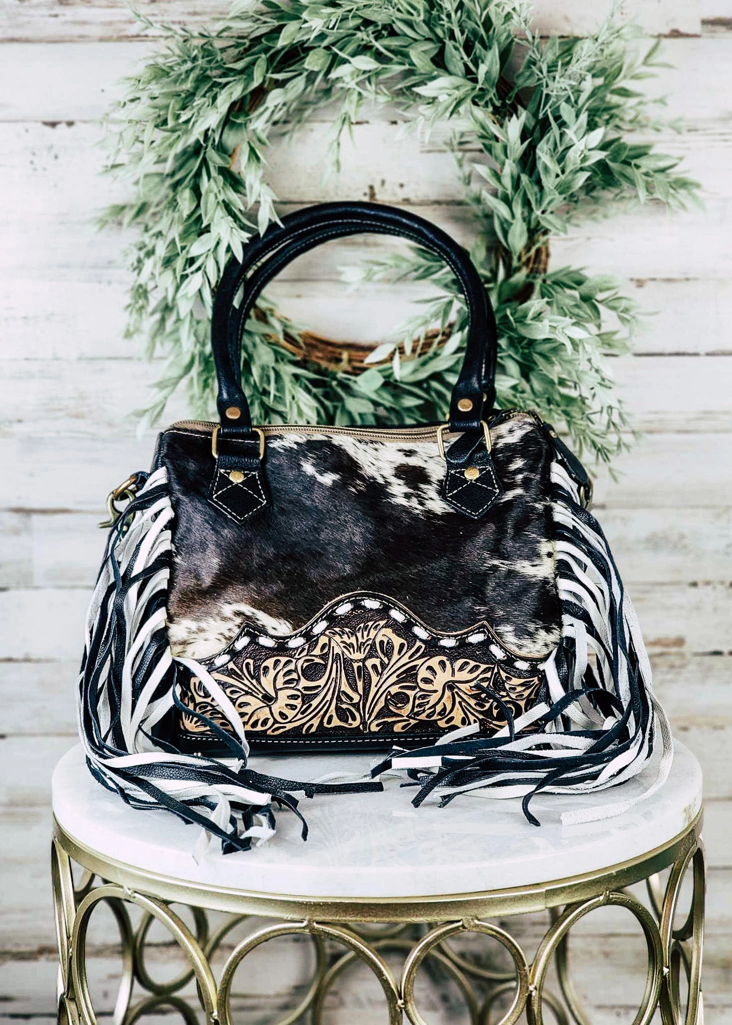 Concealed Carry Black & White Fringe Cowhide Crossbody Handbag