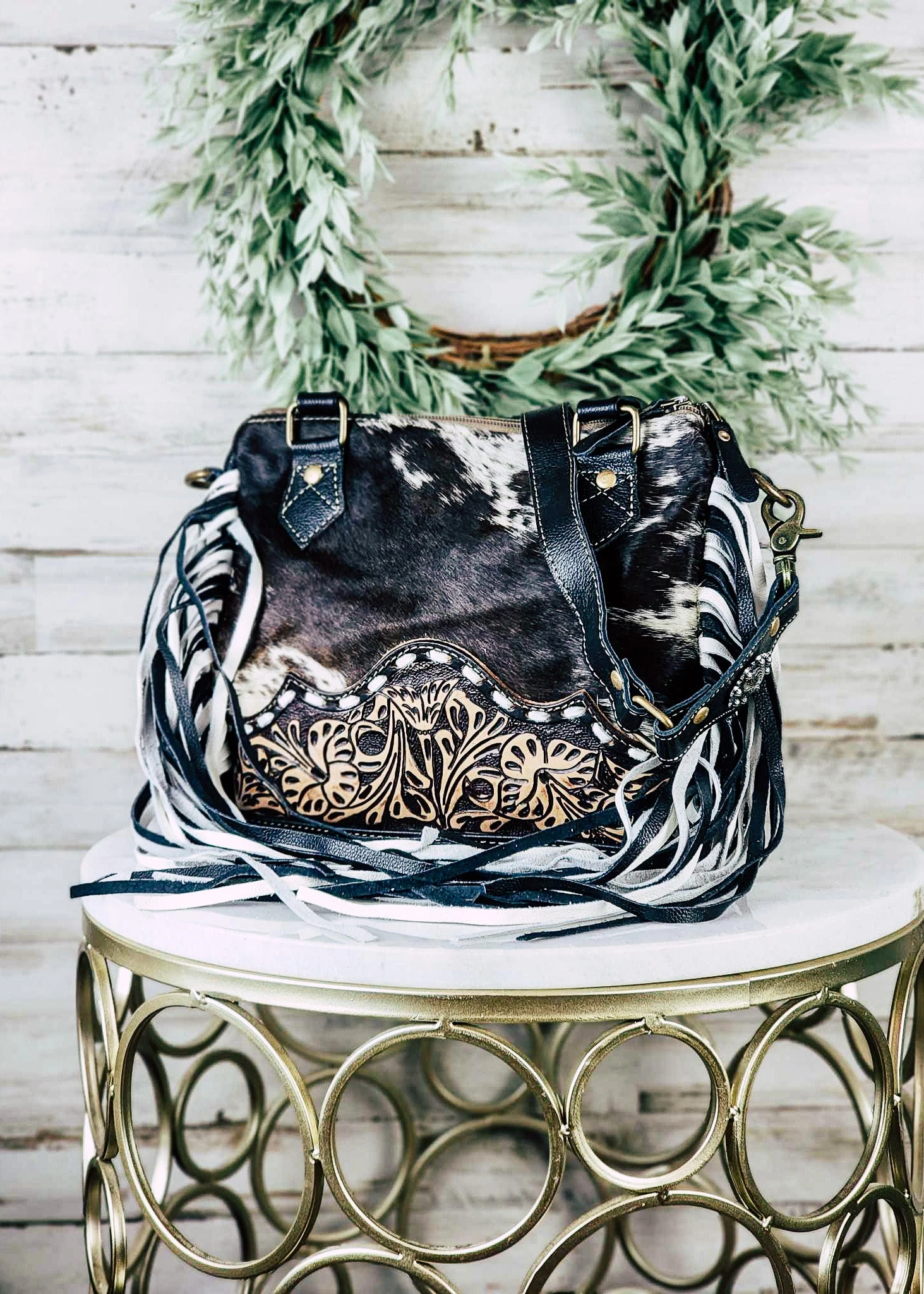 Concealed Carry Black & White Fringe Cowhide Crossbody Handbag - Image 2