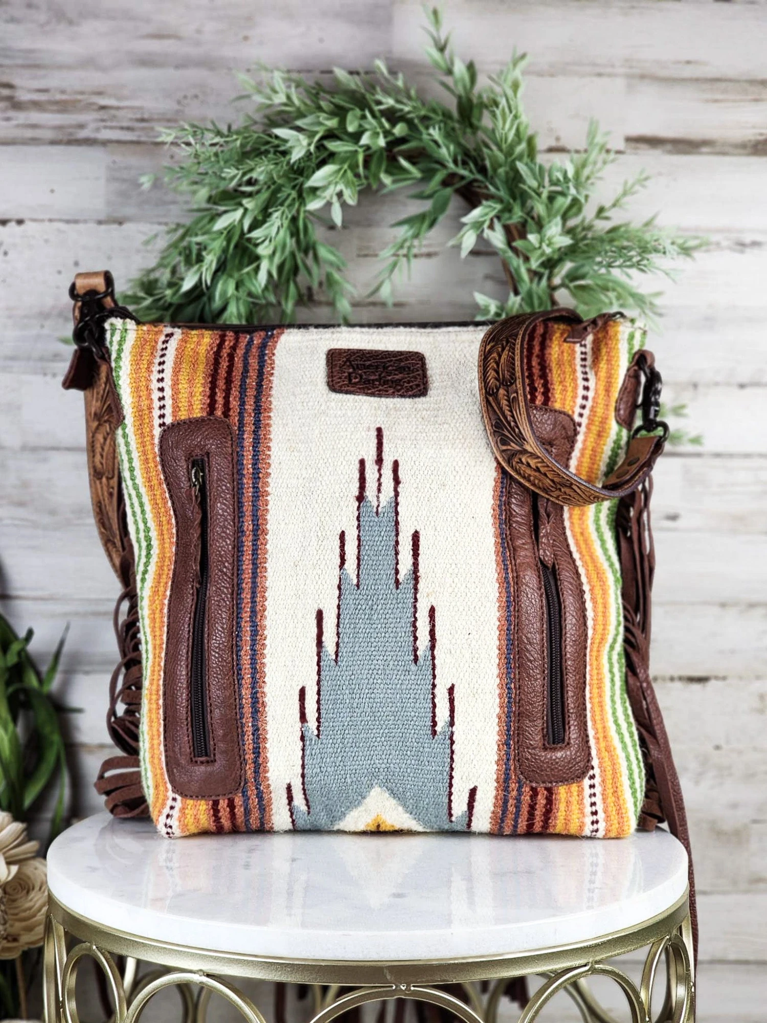 Concealed Carry Feather Serape Fringe Handbag - Image 3