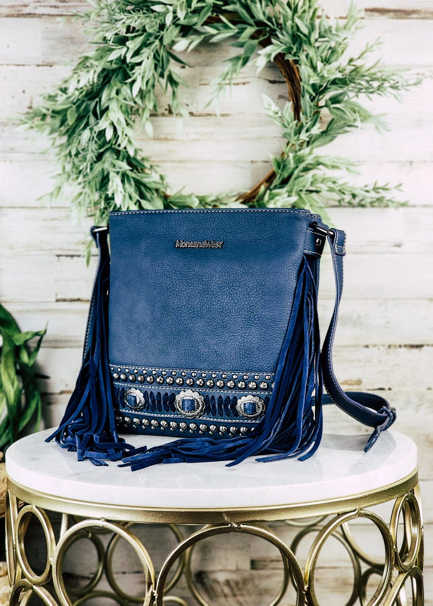 Concealed Carry Navy Fringe Concho Crossbody Handbag - Image 2