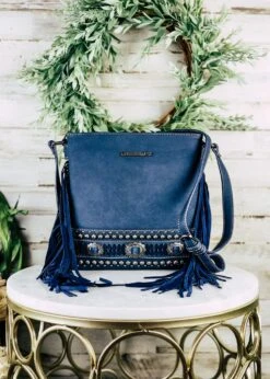 Concealed Carry Navy Fringe Concho Crossbody Handbag