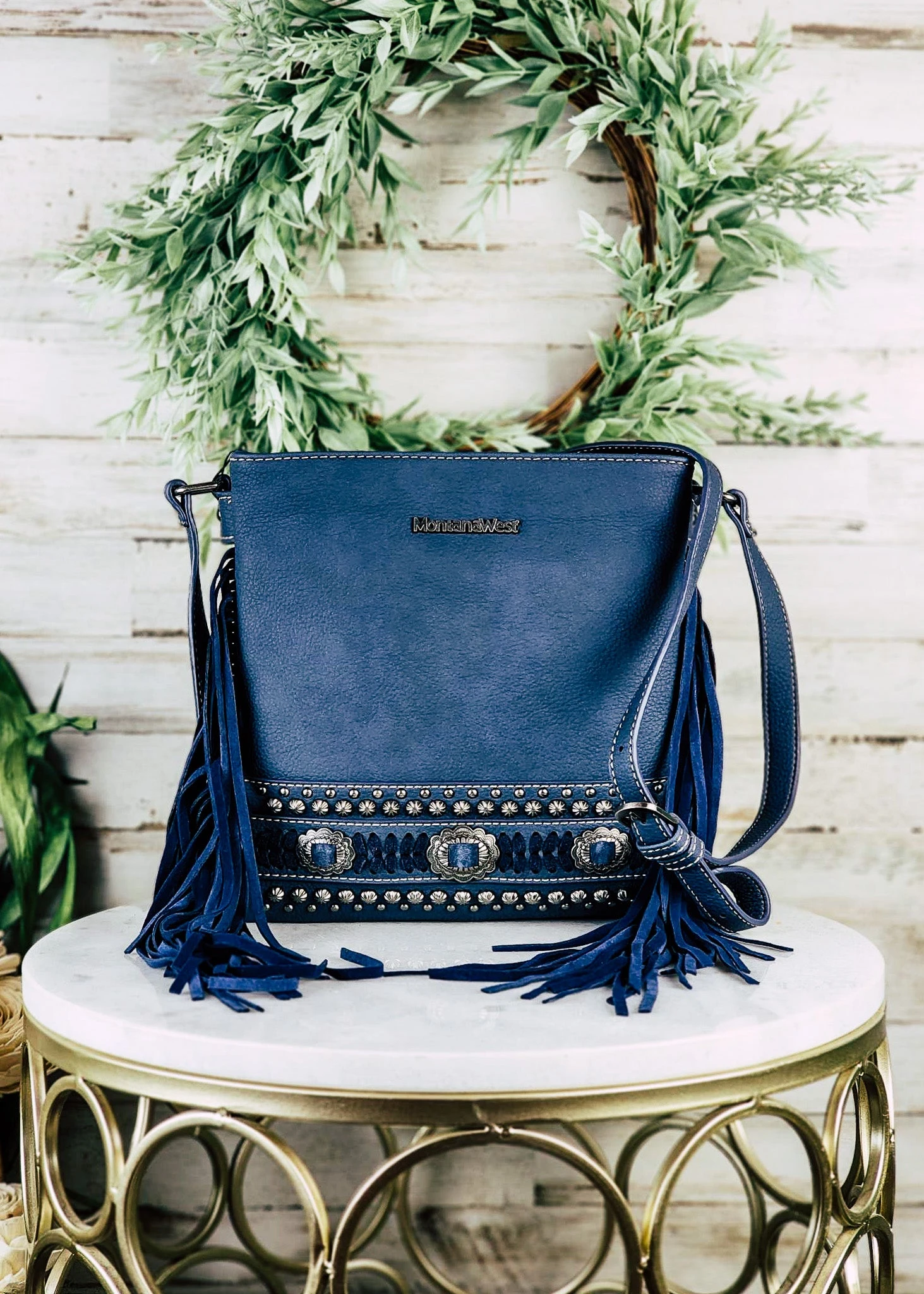 Concealed Carry Navy Fringe Concho Crossbody Handbag