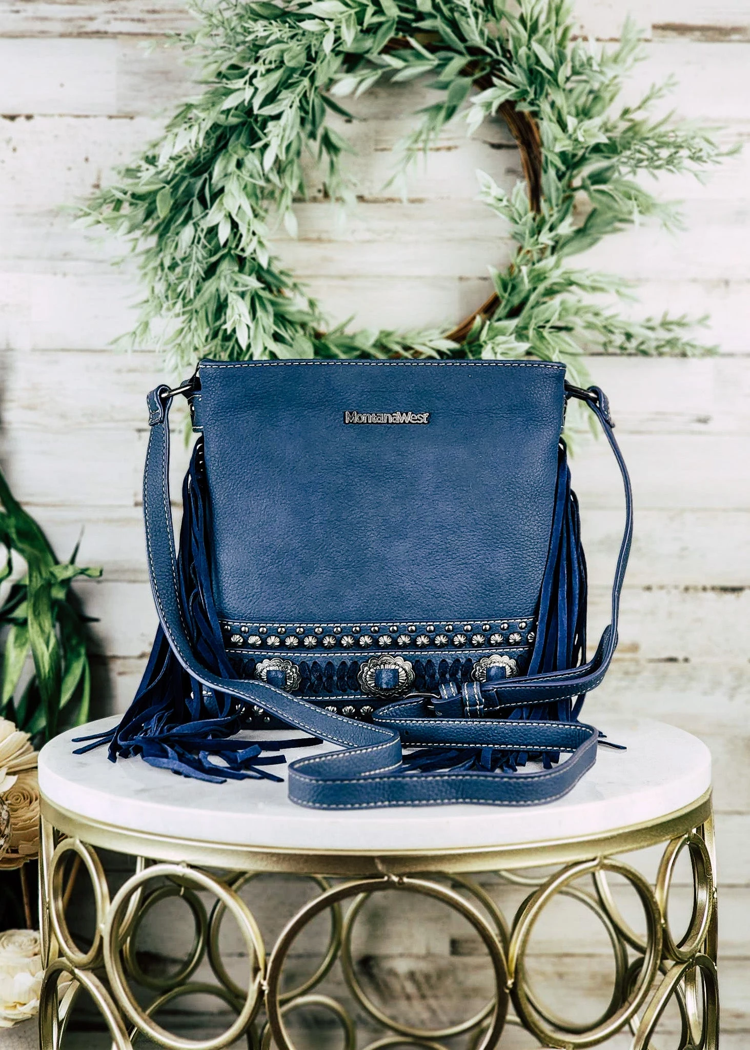 Concealed Carry Navy Fringe Concho Crossbody Handbag - Image 4